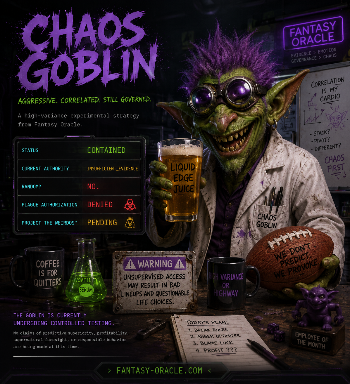 Chaos Goblin in a neon fantasy analytics laboratory, holding a beer and football.